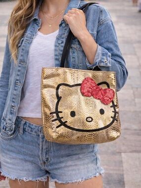 Hello Kitty Metallic Gold Tote Bag Sanrio Sequin Bow Y2K Glam Shoulder Bag